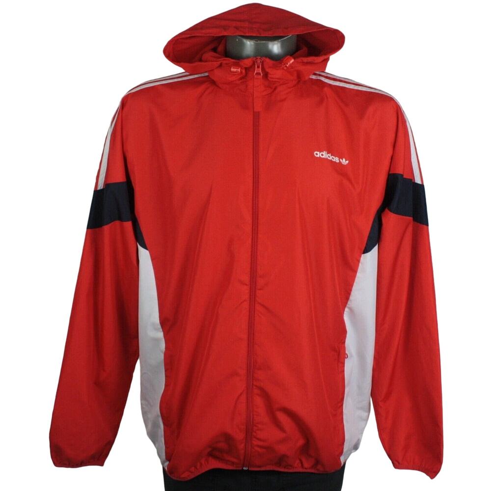 Adidas Trefoil Logo Spell Out Colorblock Hooded Red & Blue Windbreaker Jacket L